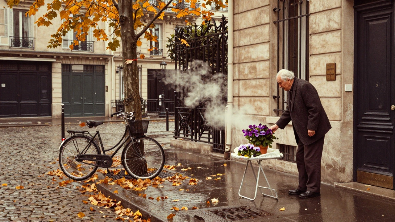Autumn leaves swirl on wet cobblestones near the Centre Pompidou, with an elderly man selling violets.