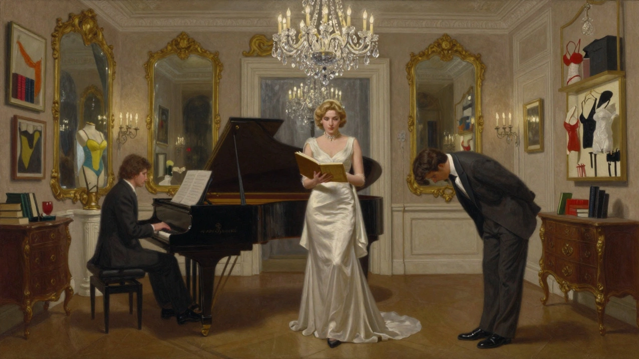 Lulu White in a luxurious parlor with chandeliers, holding a ledger as a pianist plays nearby.