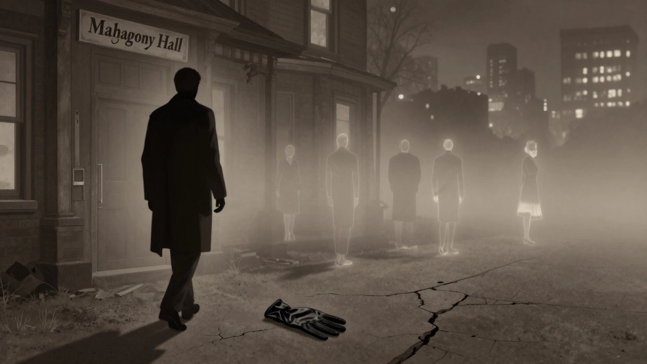 Shadowy figure walking from a boarded-up mansion, a single silk glove left on the pavement at night.